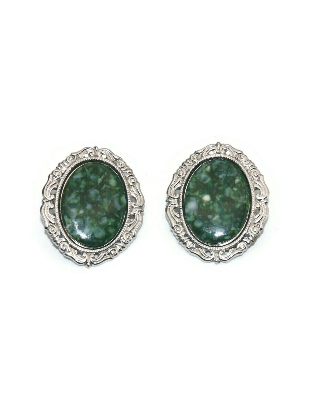 Vintage Silver Tone and Marbled Green Resin Oval Stud Earrings.